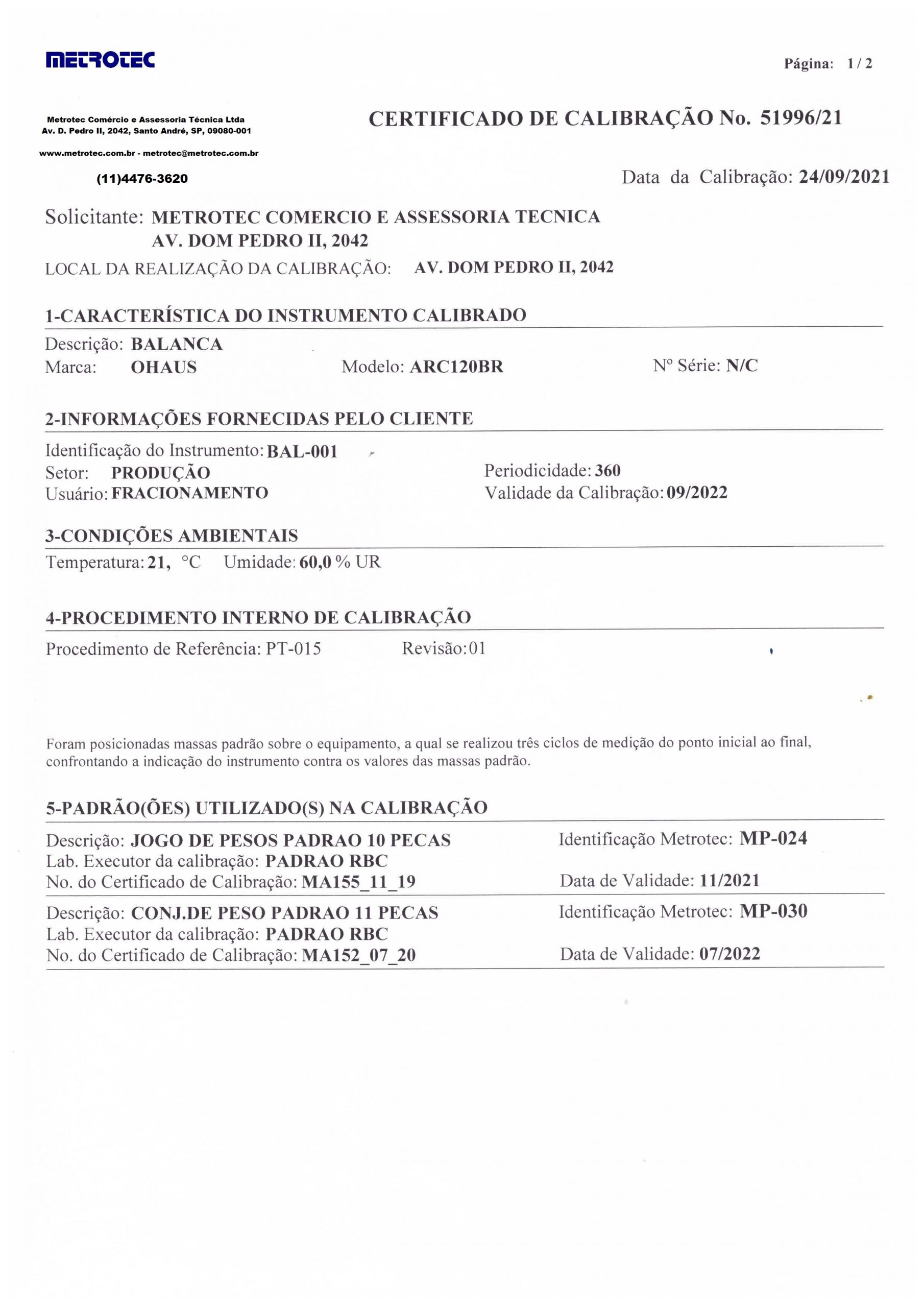 Modelo de Certificado de Calibração